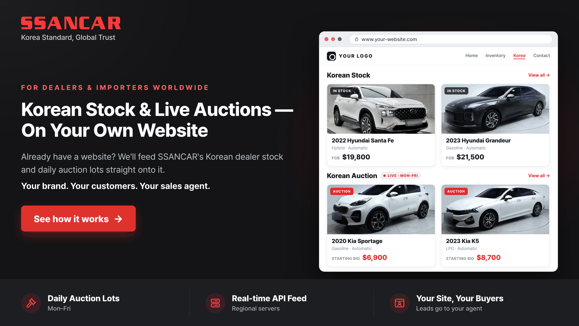 Korean stock and live auctions on your own website - SSANCAR for dealers and importers
